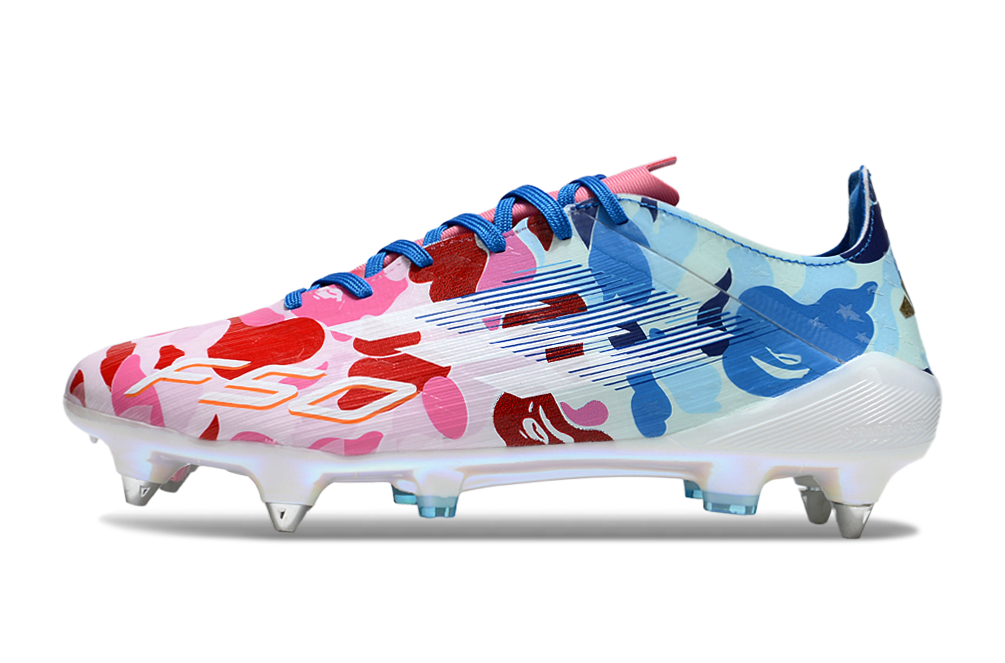 Adidas F50 Elite SG x BAPE Lace football boots side view – special edition soft ground soccer cleats in BAPE camo, designed for ultimate grip in wet conditions.